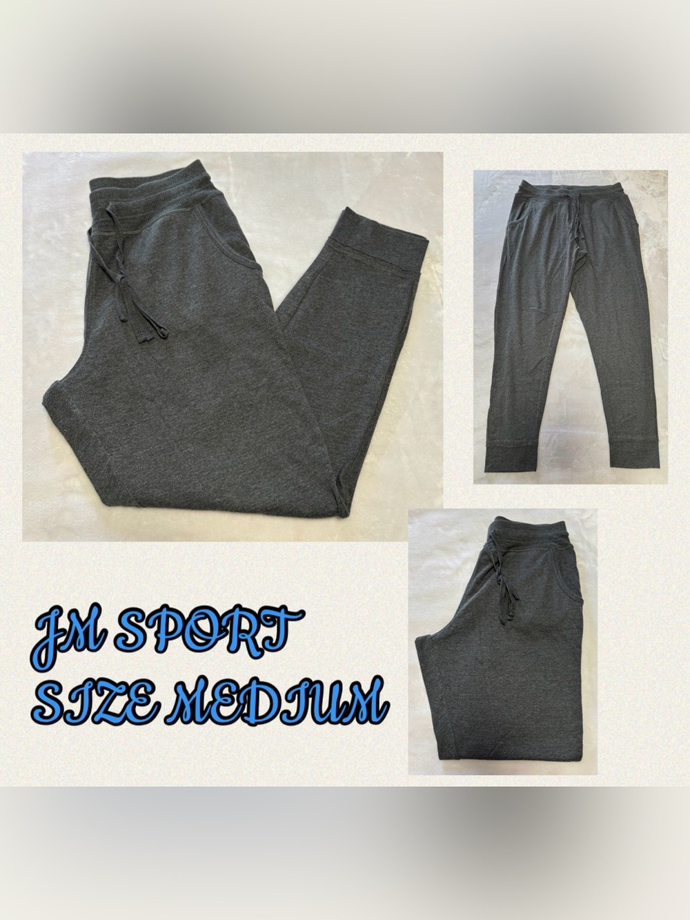 JM Sport 100% Cotton Knit Jogger Pants Charcoal Grey Heather Women's Medium